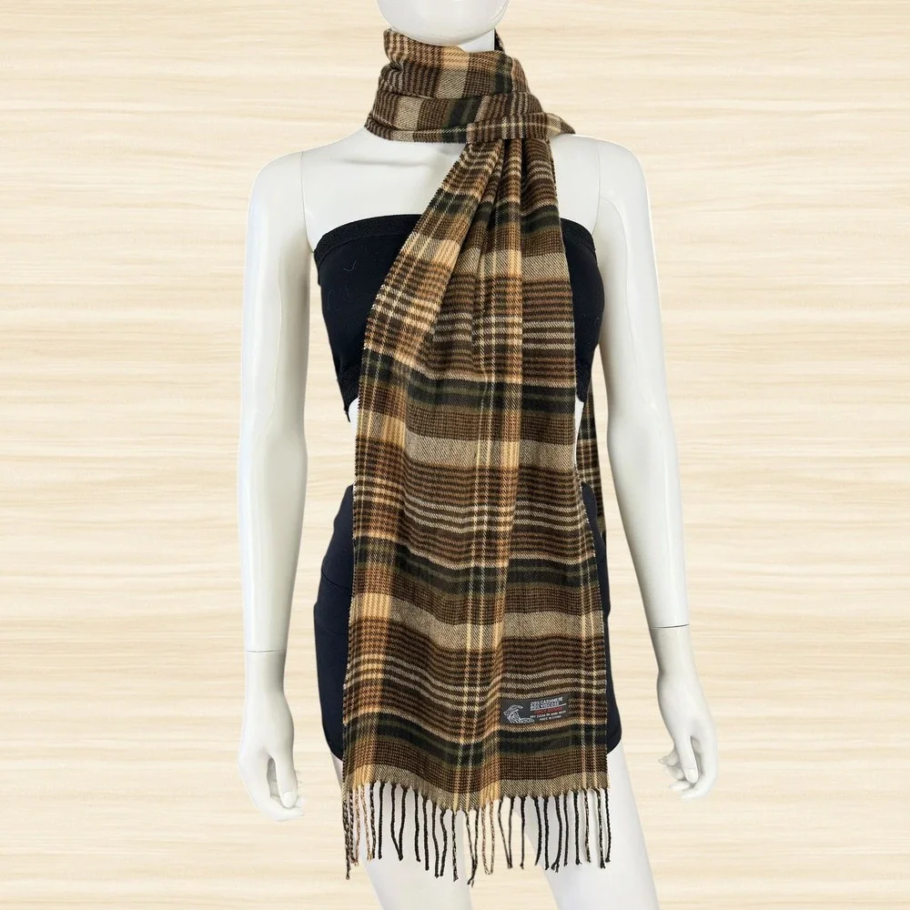 Cashmere Blend Plaid Scarf Brown Tan Tartan Fringe Italy Design Classic Preppy